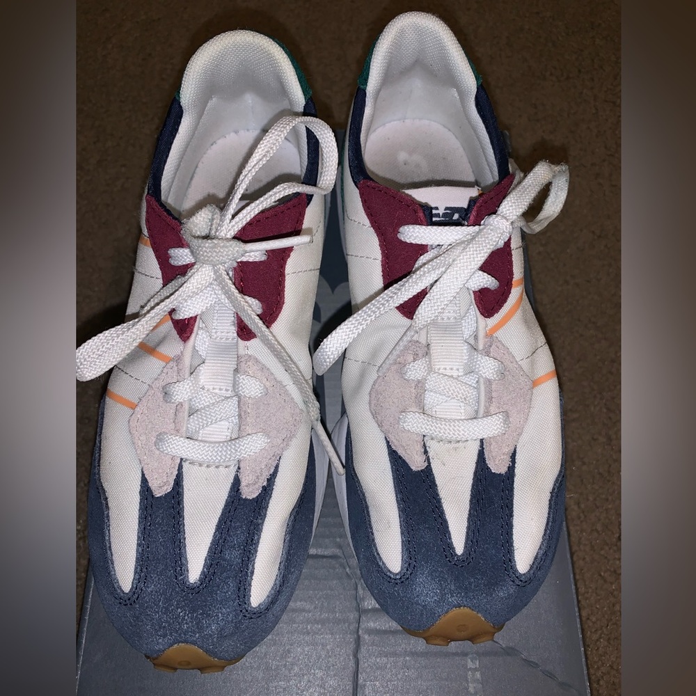 Gently used New Balance Sneakers. Size 2. Green, Maroon, Navy blue and beige.